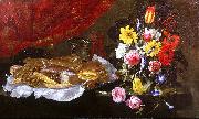 A Still Life of Roses, Carnations, Tulips and other Flowers in a glass Vase, with Pastries and Sweetmeats on a pewter Platter and earthenware Pots, on